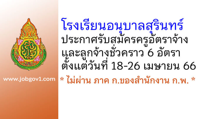โรงเรียนอนุบาลสุรินทร์ รับสมัครครูอัตราจ้าง และลูกจ้างชั่วคราว 6 อัตรา