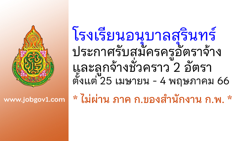 โรงเรียนอนุบาลสุรินทร์ รับสมัครครูอัตราจ้าง และลูกจ้างชั่วคราว 2 อัตรา