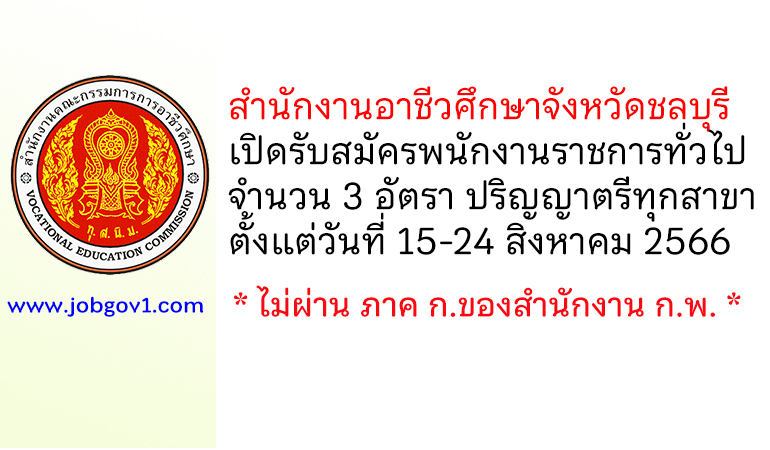 สำนักงานอาชีวศึกษาจังหวัดชลบุรี รับสมัครบุคคลเพื่อเลือกสรรเป็นพนักงานราชการทั่วไป 3 อัตรา