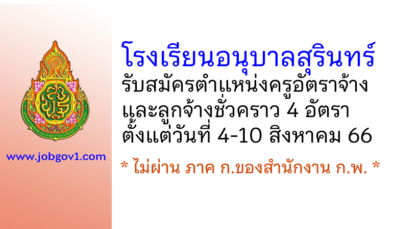 โรงเรียนอนุบาลสุรินทร์ รับสมัครครูอัตราจ้าง และลูกจ้างชั่วคราว 4 อัตรา