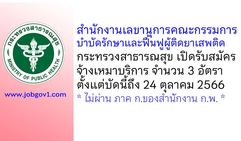 สำนักงานเลขานุการคณะกรรมการบำบัดรักษาและฟื้นฟูผู้ติดยาเสพติด กระทรวงสาธารณสุข รับสมัครจ้างเหมาบริการ 3 อัตรา