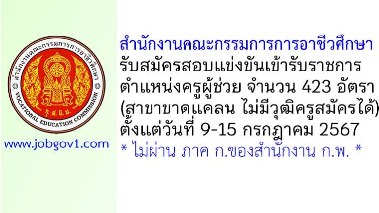 สำนักงานคณะกรรมการการอาชีวศึกษา รับสมัครสอบแข่งขันเข้ารับราชการ ตำแหน่งครูผู้ช่วย 423 อัตรา