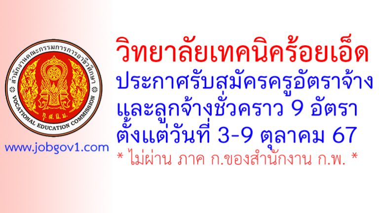 วิทยาลัยเทคนิคร้อยเอ็ด รับสมัครครูอัตราจ้าง และลูกจ้างชั่วคราว 9 อัตรา