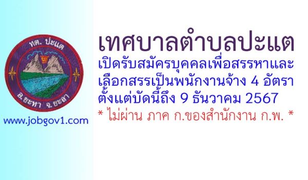 เทศบาลตำบลปะแต รับสมัครบุคคลเพื่อเลือกสรรเป็นพนักงานจ้าง 4 อัตรา