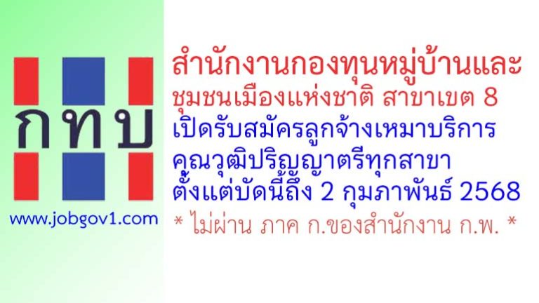 สำนักงานกองทุนหมู่บ้านและชุมชนเมืองแห่งชาติ สาขาเขต 8 รับสมัครลูกจ้างเหมาโครงการพนักงานพัฒนาเมือง
