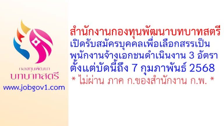 สำนักงานกองทุนพัฒนาบทบาทสตรี รับสมัครบุคคลเพื่อเลือกสรรเป็นพนักงานจ้างเอกชนดำเนินงาน 3 อัตรา