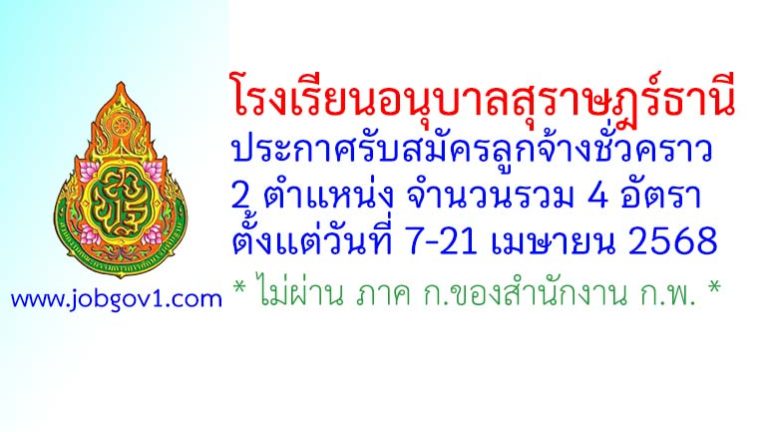 โรงเรียนอนุบาลสุราษฎร์ธานี รับสมัครลูกจ้างชั่วคราว 4 อัตรา