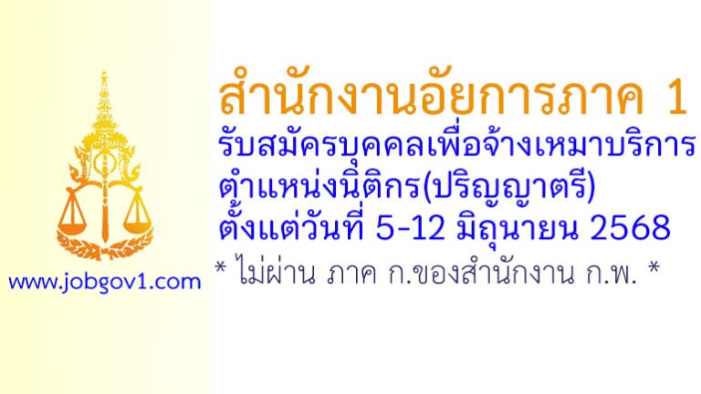 สำนักงานอัยการภาค 1 รับสมัครบุคคลเพื่อจ้างเหมาบริการ ตำแหน่งนิติกร(ปริญญาตรี)