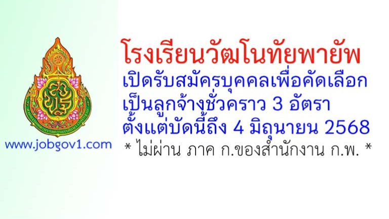โรงเรียนวัฒโนทัยพายัพ รับสมัครลูกจ้างชั่วคราว 3 อัตรา