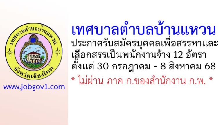 เทศบาลตำบลบ้านแหวน รับสมัครบุคคลเพื่อสรรหาและเลือกสรรเป็นพนักงานจ้าง 12 อัตรา