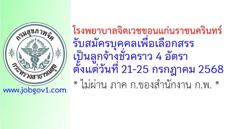 โรงพยาบาลจิตเวชขอนแก่นราชนครินทร์ รับสมัครบุคคลเพื่อเลือกสรรเป็นลูกจ้างชั่วคราว 4 อัตรา