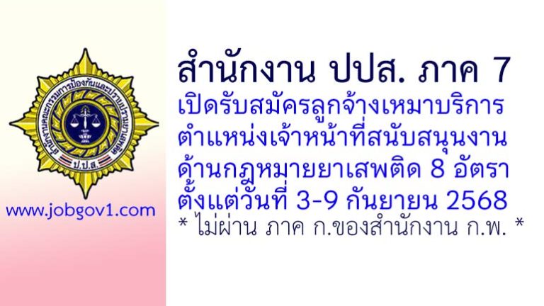 สำนักงาน ปปส. ภาค 7 รับสมัครลูกจ้างเหมาบริการ ตำแหน่งเจ้าหน้าที่สนับสนุนงานด้านกฎหมายยาเสพติด 8 อัตรา