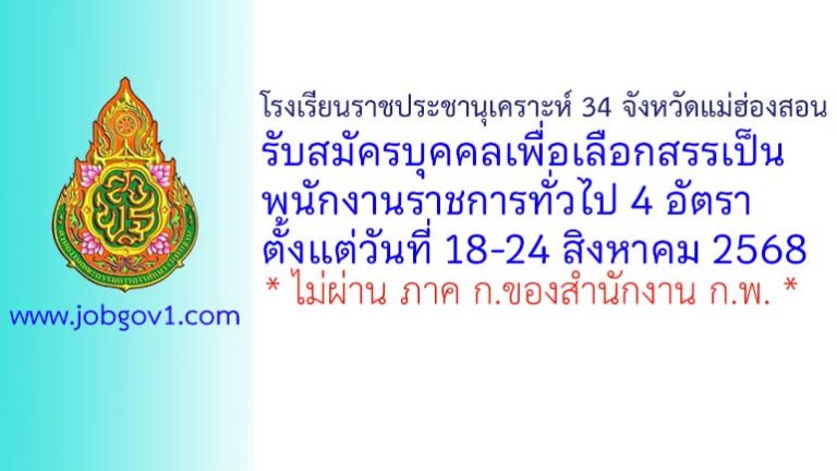 โรงเรียนราชประชานุเคราะห์ 34 จังหวัดแม่ฮ่องสอน รับสมัครบุคคลเพื่อเลือกสรรเป็นพนักงานราชการทั่วไป 4 อัตรา
