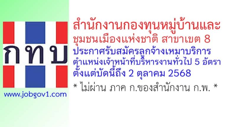 สำนักงานกองทุนหมู่บ้านและชุมชนเมืองแห่งชาติ สาขาเขต 8 รับสมัครลูกจ้างเหมาบริการ 5 อัตรา