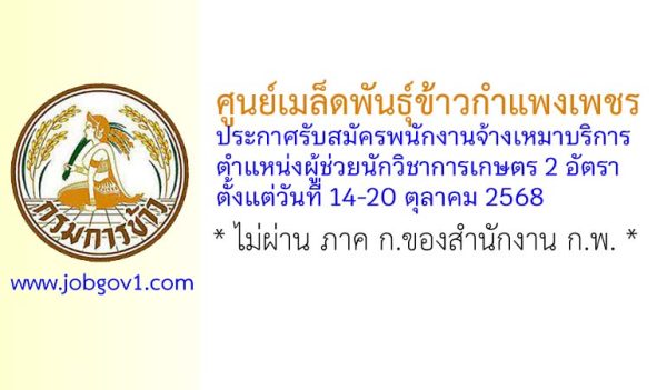 ศูนย์เมล็ดพันธุ์ข้าวกําแพงเพชร รับสมัครพนักงานจ้างเหมาบริการ ตําแหน่งผู้ช่วยนักวิชาการเกษตร 2 อัตรา