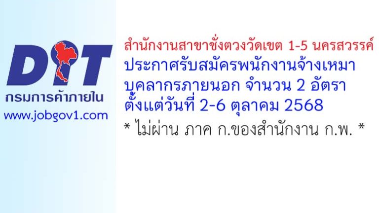 สำนักงานสาขาชั่งตวงวัดเขต 1-5 นครสวรรค์ รับสมัครพนักงานจ้างเหมาบุคลากรภายนอก 2 อัตรา