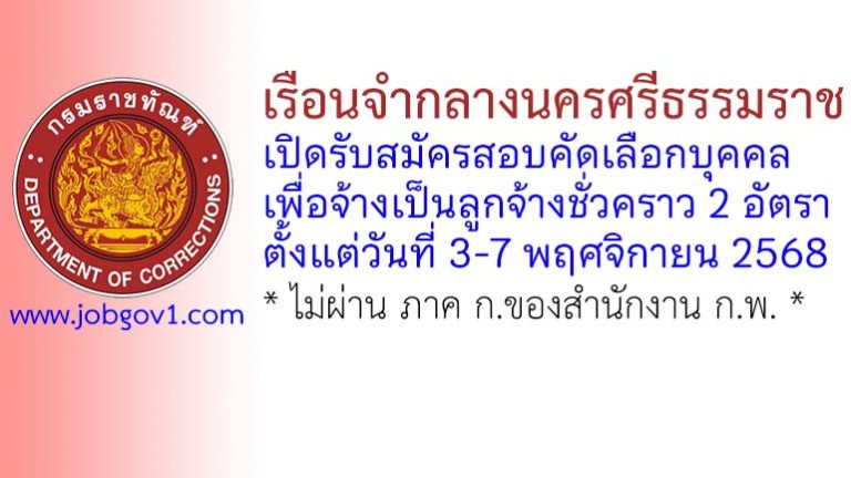 เรือนจำกลางนครศรีธรรมราช รับสมัครลูกจ้างชั่วคราว 2 อัตรา