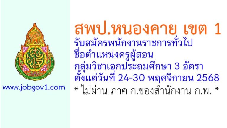 สพป.หนองคาย เขต 1 รับสมัครพนักงานราชการทั่วไป ตำแหน่งครูผู้สอน กลุ่มวิชาเอกประถมศึกษา 3 อัตรา