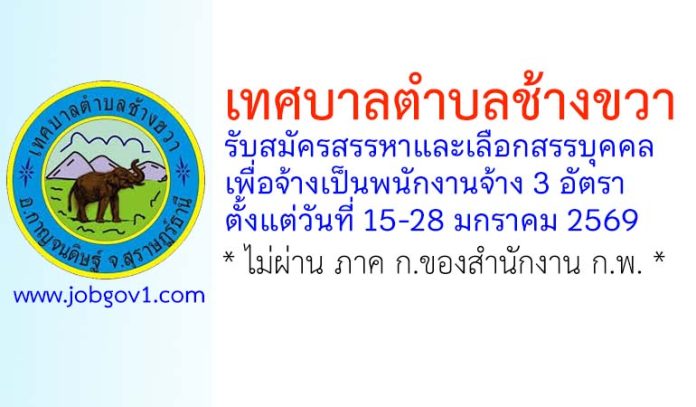 เทศบาลตำบลช้างขวา รับสมัครสรรหาและเลือกสรรบุคคลเพื่อจ้างเป็นพนักงานจ้าง 3 อัตรา