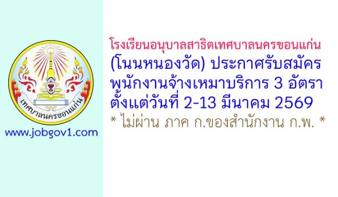 โรงเรียนอนุบาลสาธิตเทศบาลนครขอนแก่น (โนนหนองวัด) รับสมัครพนักงานจ้างเหมาบริการ 3 อัตรา