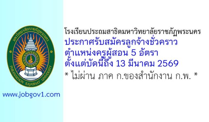 โรงเรียนประถมสาธิตมหาวิทยาลัยราชภัฏพระนคร รับสมัครลูกจ้างชั่วคราว ตำแหน่งครูผู้สอน 5 อัตรา