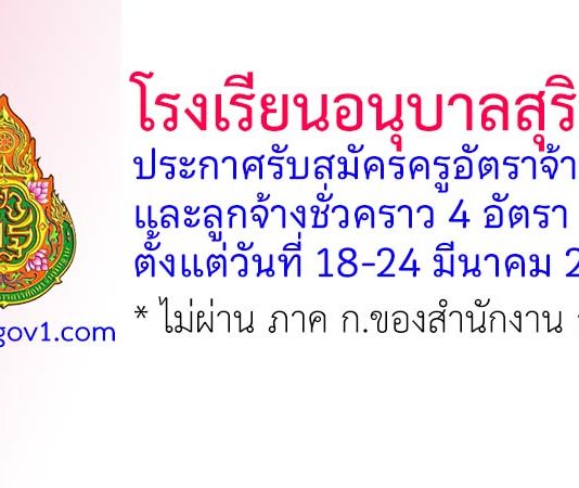 โรงเรียนอนุบาลสุรินทร์ รับสมัครครูอัตราจ้าง และลูกจ้างชั่วคราว 4 อัตรา