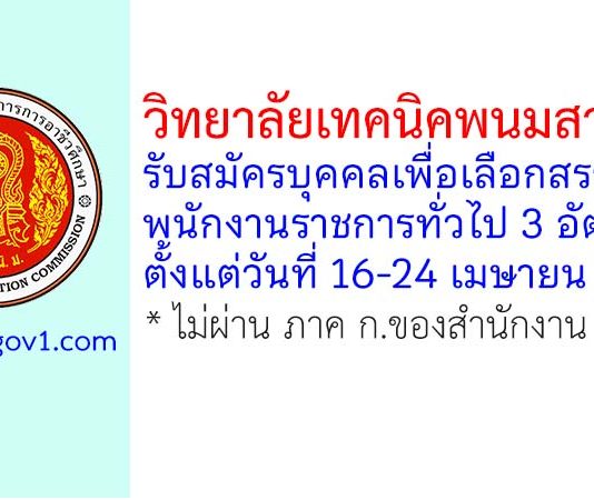 วิทยาลัยเทคนิคพนมสารคาม รับสมัครบุคคลเพื่อเลือกสรรเป็นพนักงานราชการทั่วไป 3 อัตรา
