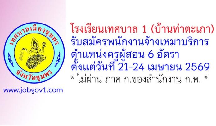 โรงเรียนเทศบาล 1 (บ้านท่าตะเภา) รับสมัครพนักงานจ้างเหมาบริการ ตำแหน่งครูผู้สอน 6 อัตรา