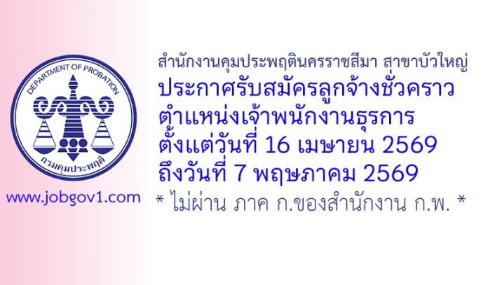 สำนักงานคุมประพฤตินครราชสีมา สาขาบัวใหญ่ รับสมัครลูกจ้างชั่วคราว ตำแหน่งเจ้าพนักงานธุรการ