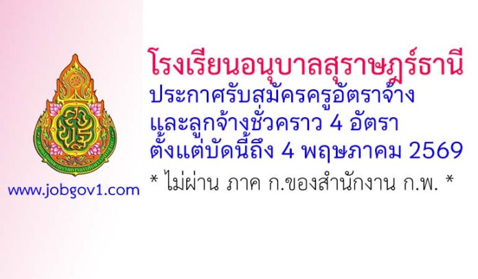 โรงเรียนอนุบาลสุราษฎร์ธานี รับสมัครครูอัตราจ้าง และลูกจ้างชั่วคราว 4 อัตรา